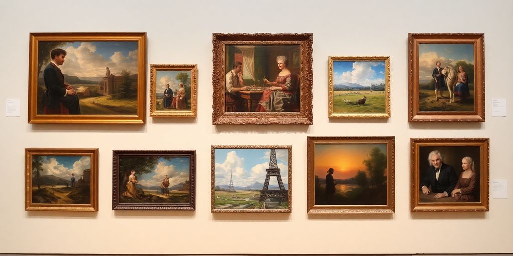 Different sized paintings arranged on a gallery wall.