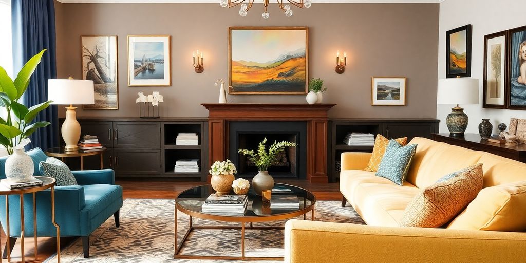 Stylish living room with matching art and decor elements.