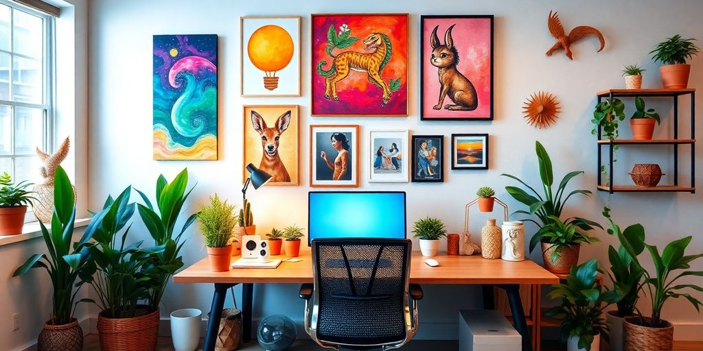 Vibrant office wall decor with art and plants.