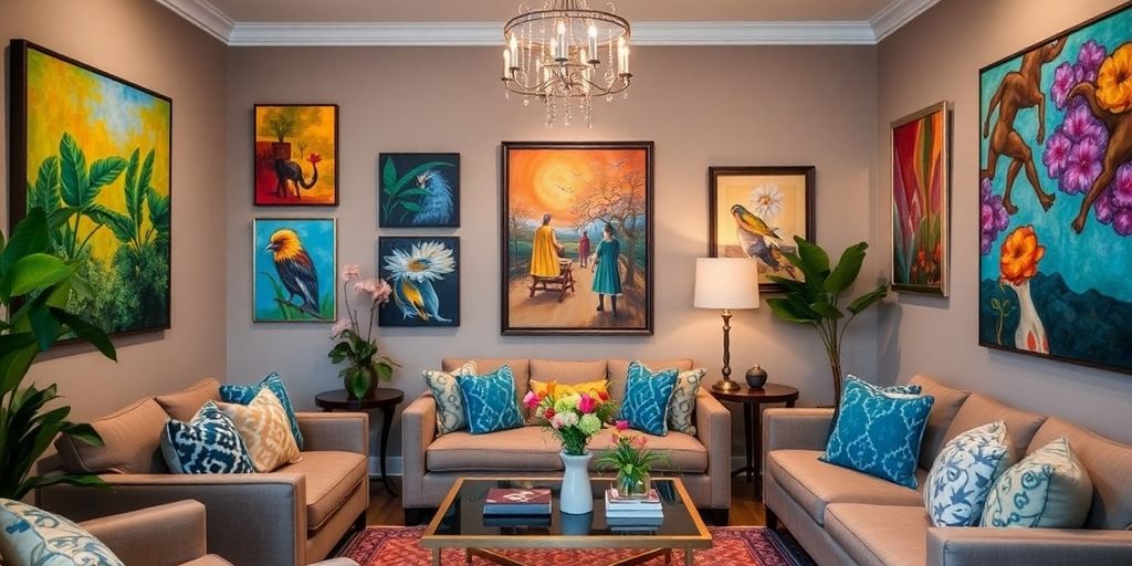 Decorative room with vibrant art and cozy seating.