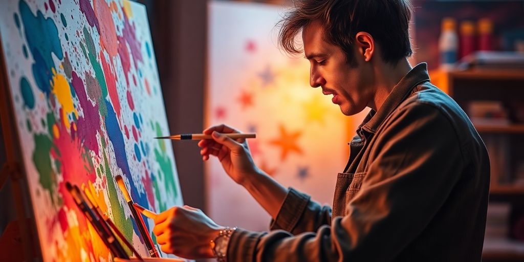 Artist painting passionately, surrounded by colorful paints.