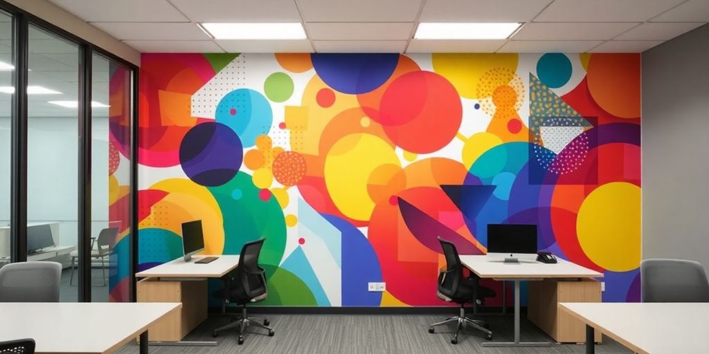 Vibrant office mural with colorful abstract shapes.