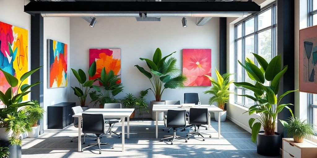 Colorful office interior with artwork and plants.